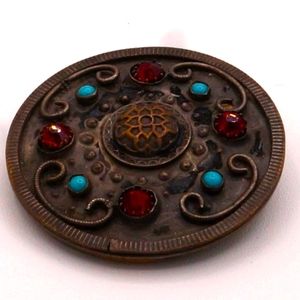 Vtg Bulgarian Style Hand Wrought Shield Brooch W\ Glass Rhinestones